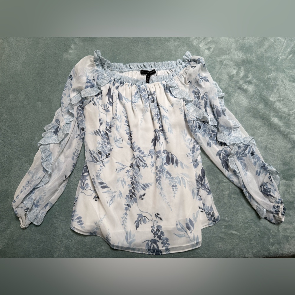 White House Black Market Ruffled Smocked Long Sleeve Blouse White Blue